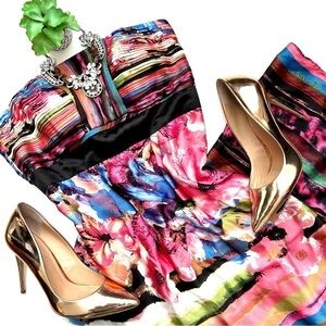 Sue Wong Colorful Watercolor Strapless Floral Pleated Gown Maxi Dress Size 6